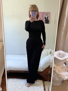 BLACK CRINKLE POPCORN TWO PIECE WIDE LEG PANT SET LONG SLEEVE TOP STRETCH WAIST